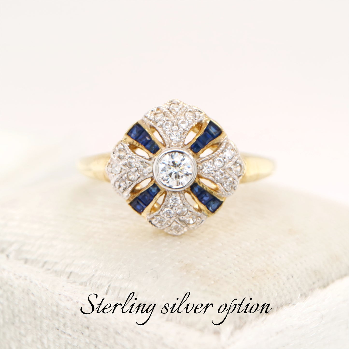 Art deco cross ring in sterling silver with Verneuil sapphire and CZ