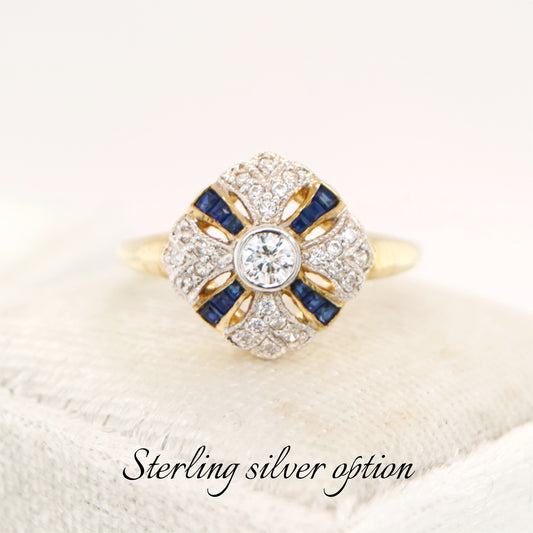 Art deco cross ring in sterling silver with Verneuil sapphire and CZ