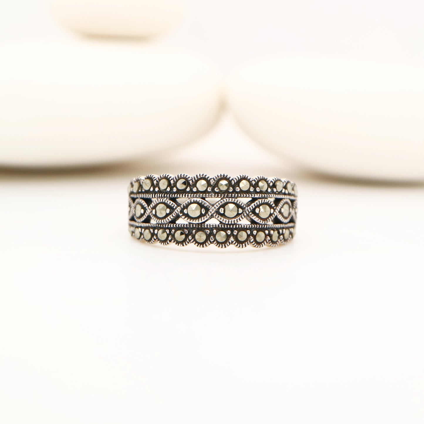 Scalloped edged marcasite ring in sterling silver