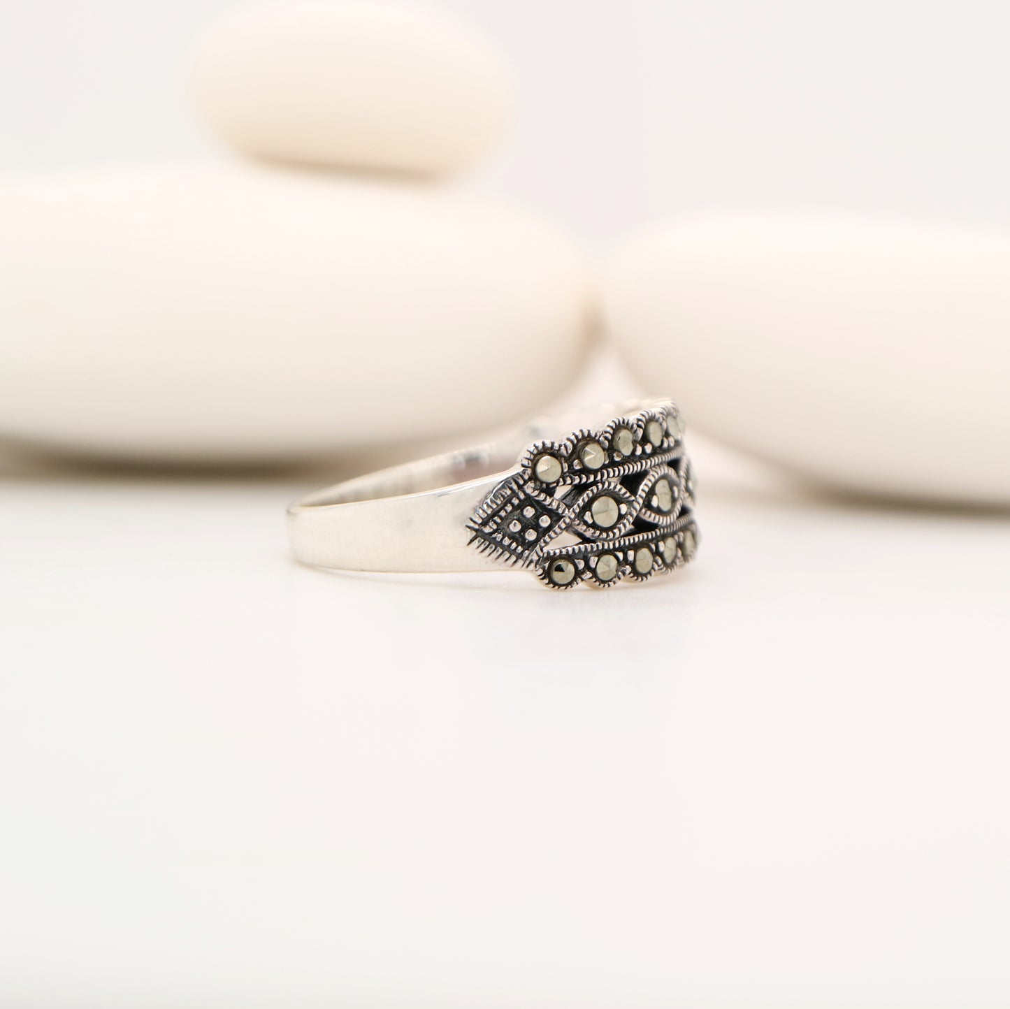 Scalloped edged marcasite ring in sterling silver
