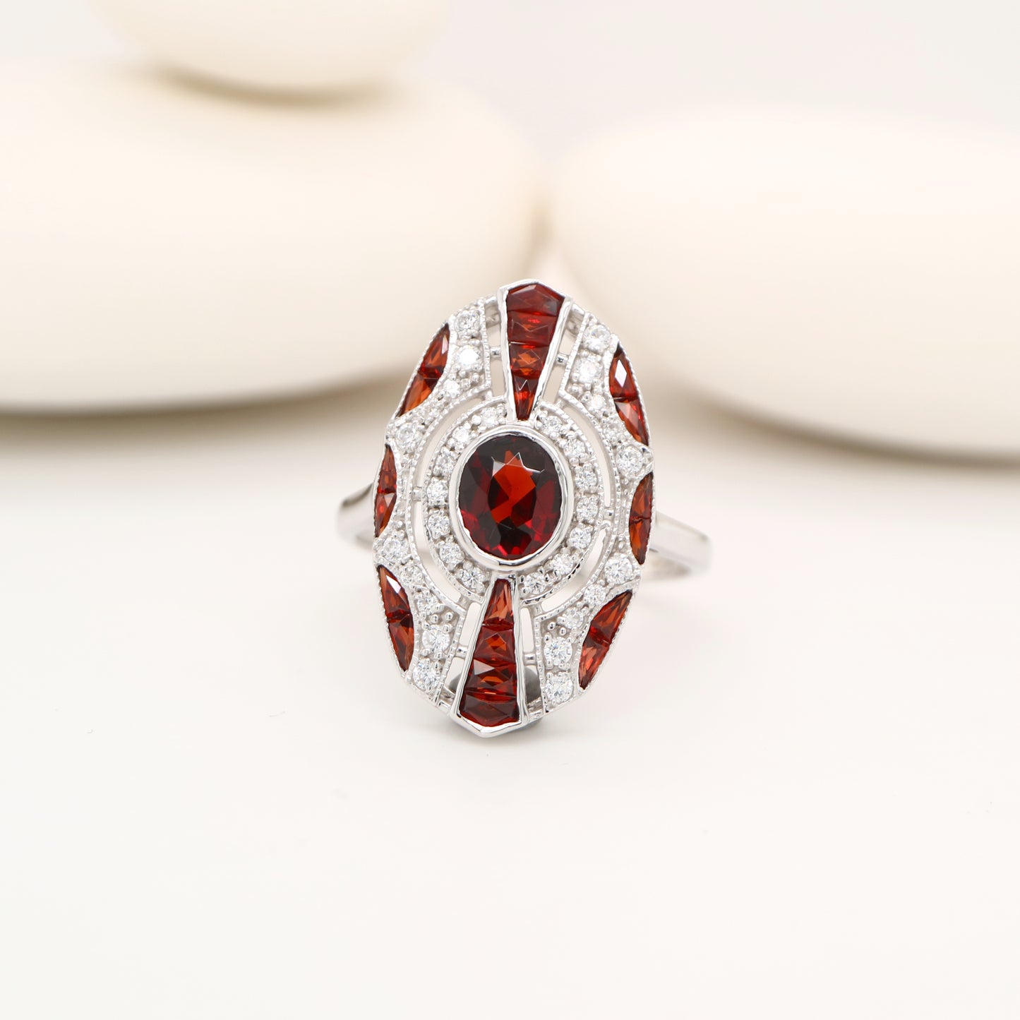 Sterling silver shield ring with Garnet and CZ