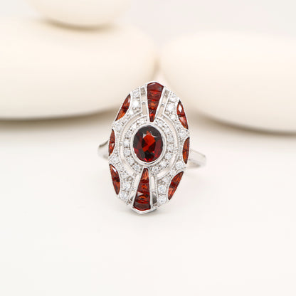 Sterling silver shield ring with Garnet and CZ