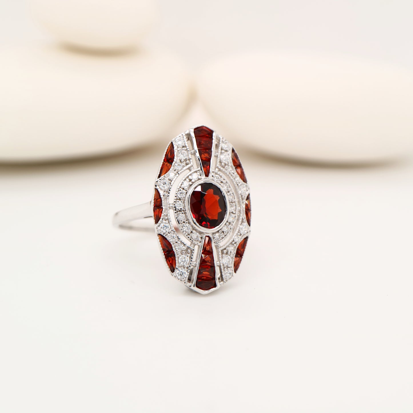 Sterling silver shield ring with Garnet and CZ