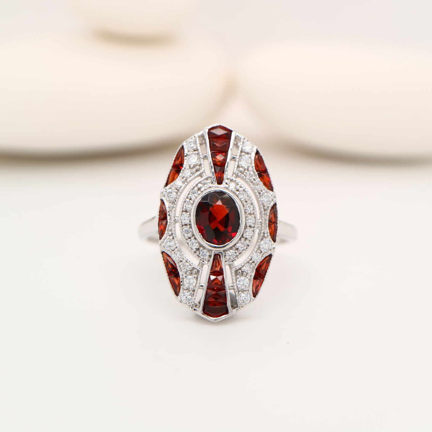 Sterling silver shield ring with Garnet and CZ