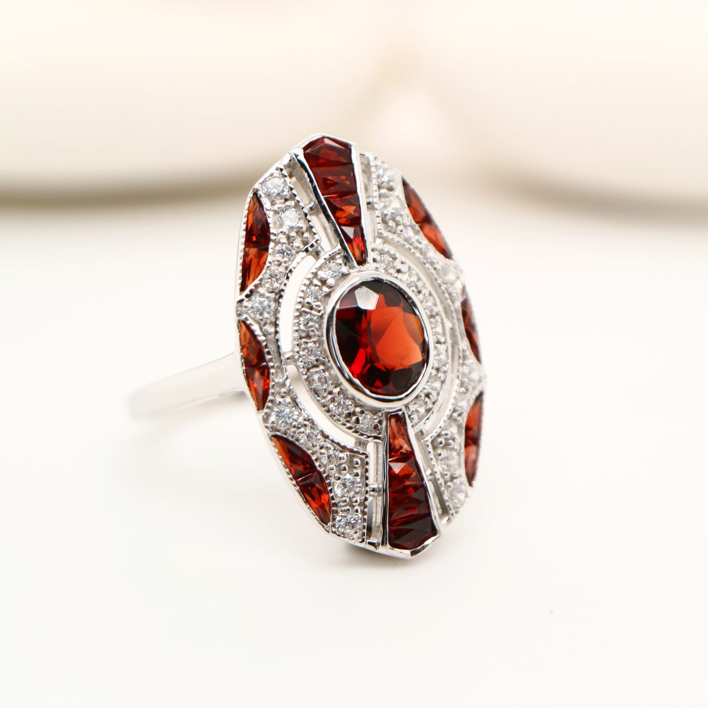 Sterling silver shield ring with Garnet and CZ