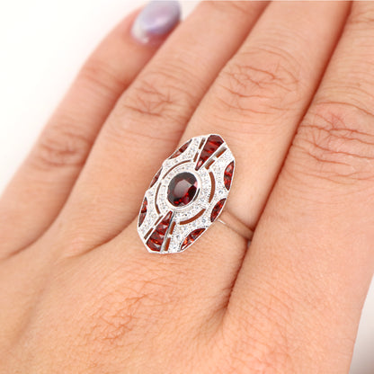 Sterling silver shield ring with Garnet and CZ