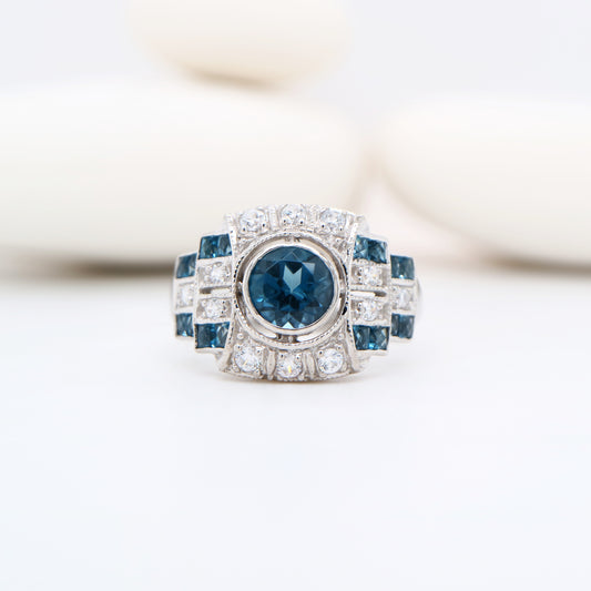Art deco cocktail ring with London blue Topaz and CZ in sterling silver