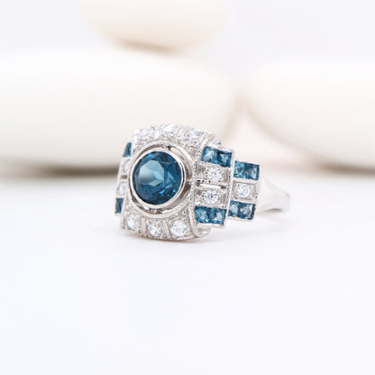 Art deco cocktail ring with London blue Topaz and CZ in sterling silver