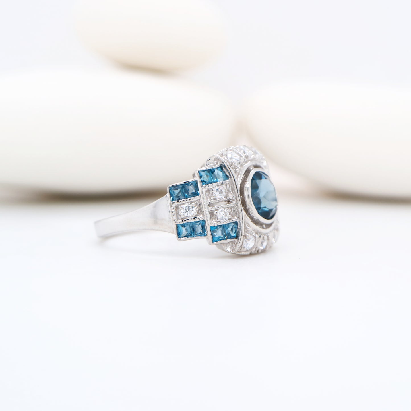 Art deco cocktail ring with London blue Topaz and CZ in sterling silver