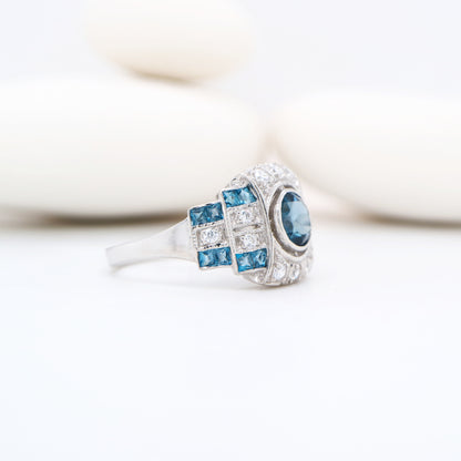 Art deco cocktail ring with London blue Topaz and CZ in sterling silver