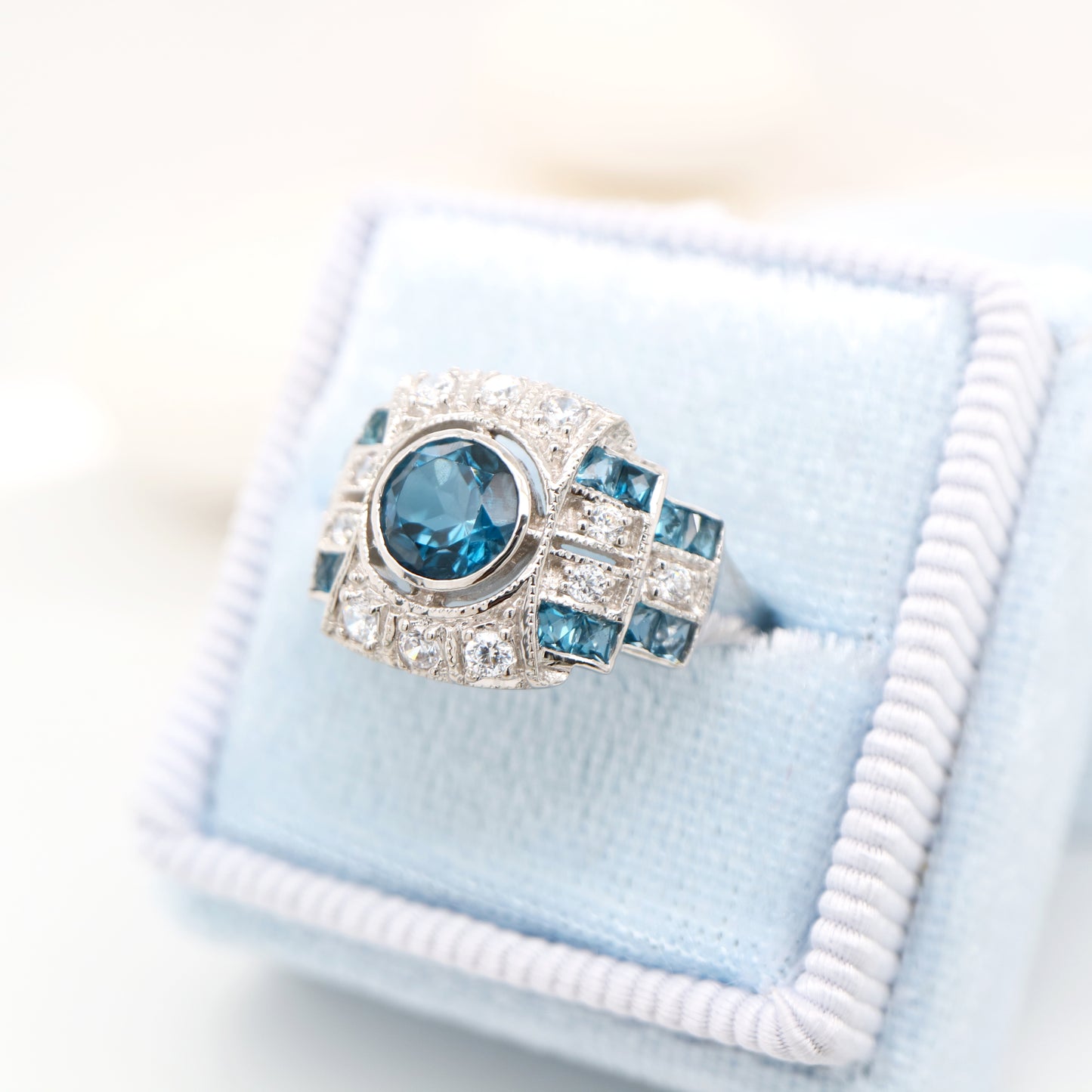 Art deco cocktail ring with London blue Topaz and CZ in sterling silver