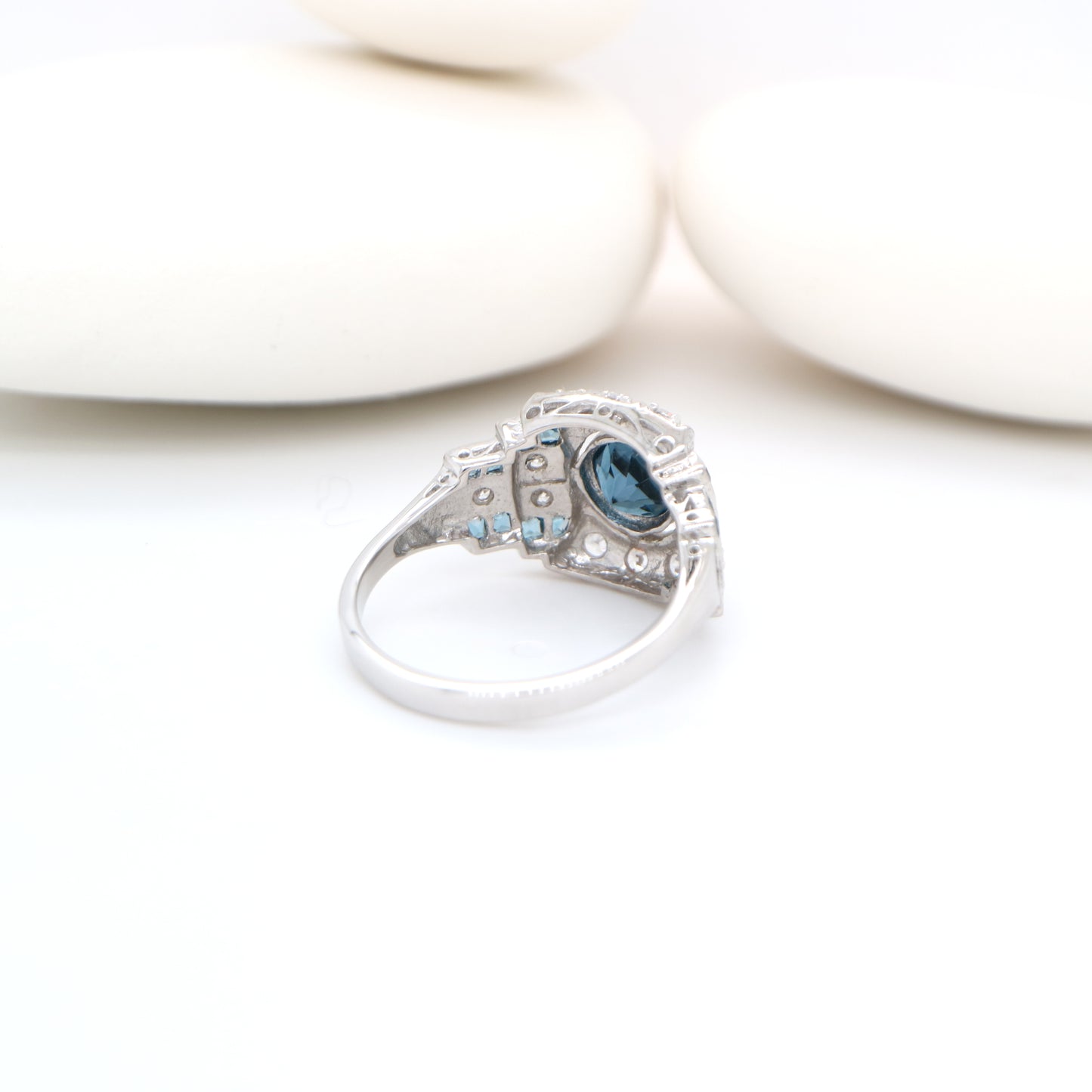 Art deco cocktail ring with London blue Topaz and CZ in sterling silver