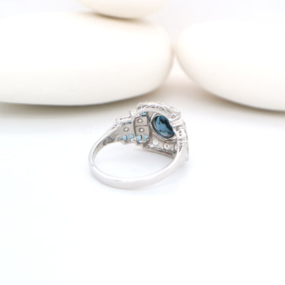 Art deco cocktail ring with London blue Topaz and CZ in sterling silver