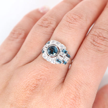 Art deco cocktail ring with London blue Topaz and CZ in sterling silver