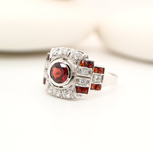 Art deco cocktail ring with garnet and cz in sterling silver