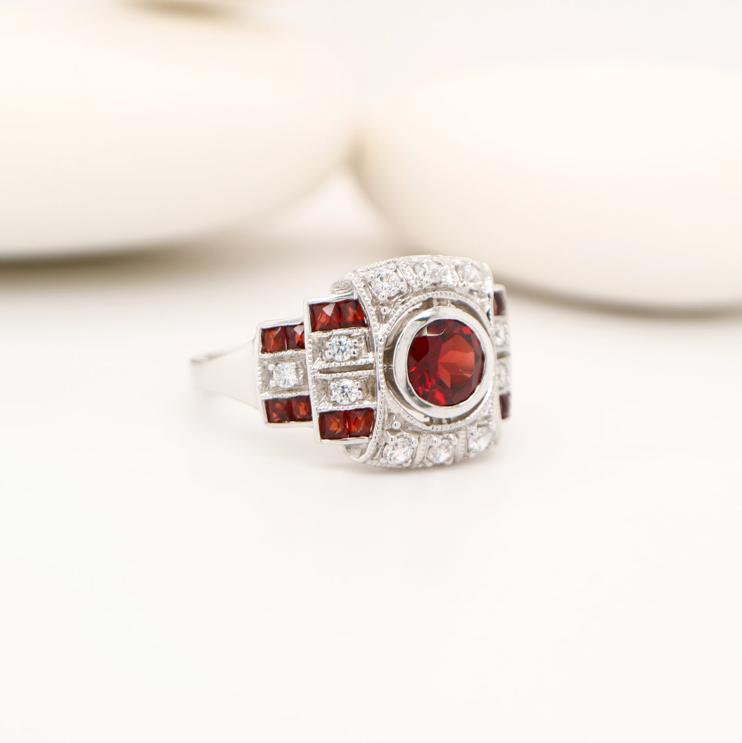 Art deco cocktail ring with garnet and cz in sterling silver