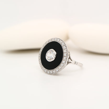 Art deco ring in cubic zirconia, black onyx and sterling silver