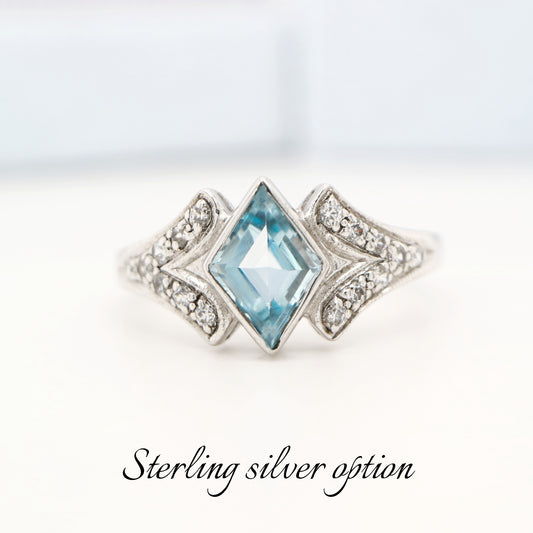 Diamond shape blue topaz with cz in sterling silver