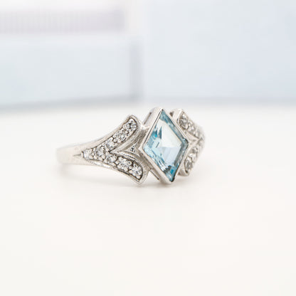 Diamond shape blue topaz with cz in sterling silver