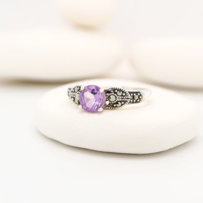 Art deco ring in amethyst and marcasite in sterling silver