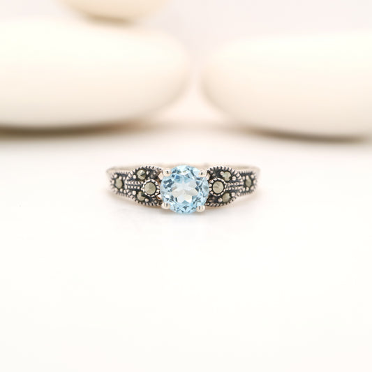 Art deco ring in blue topaz and marcasite in sterling silver