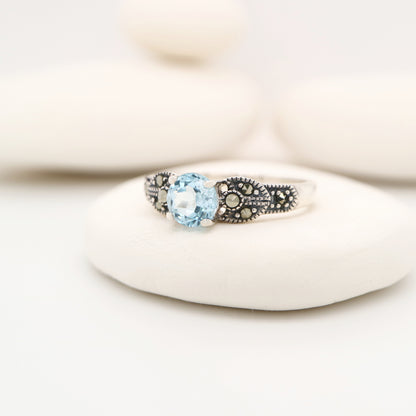 Art deco ring in blue topaz and marcasite in sterling silver