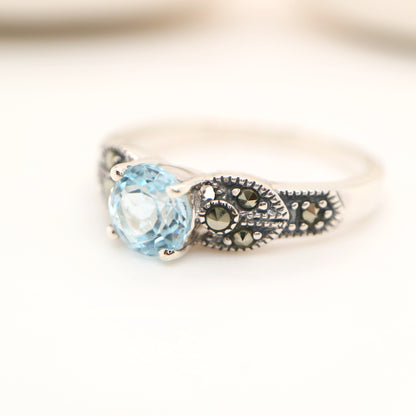 Art deco ring in blue topaz and marcasite in sterling silver