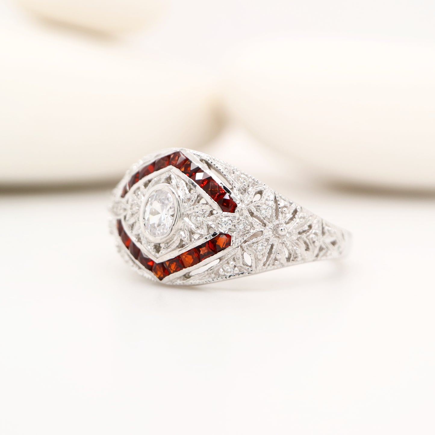 Art deco chevron set garnet ring with cz in sterling silver