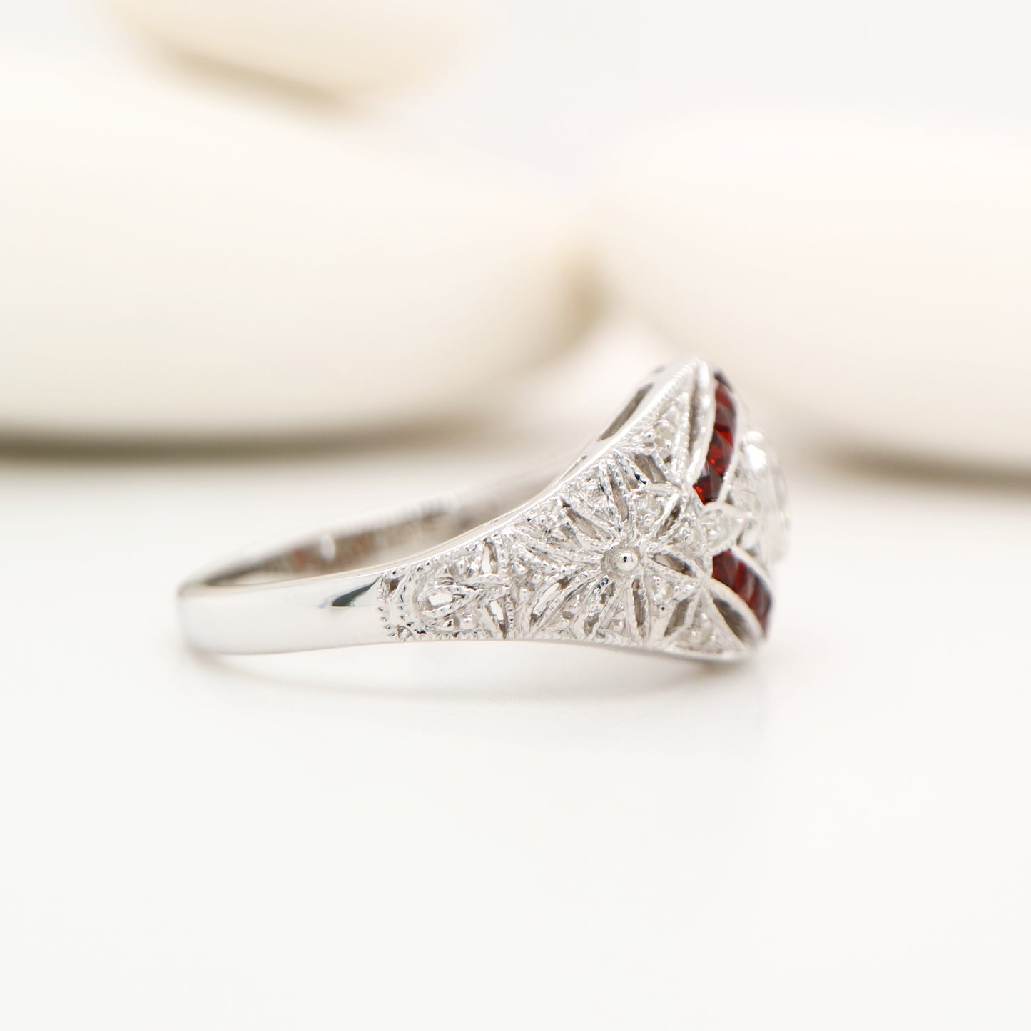 Art deco chevron set garnet ring with cz in sterling silver