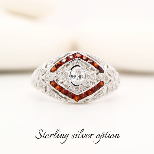 Art deco chevron set garnet ring with cz in sterling silver