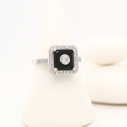 Square art deco black onyx ring with cz in sterling silver