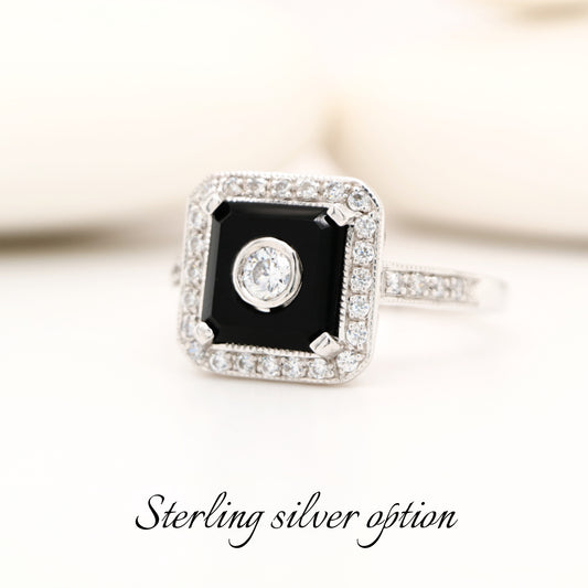 Square art deco black onyx ring with cz in sterling silver