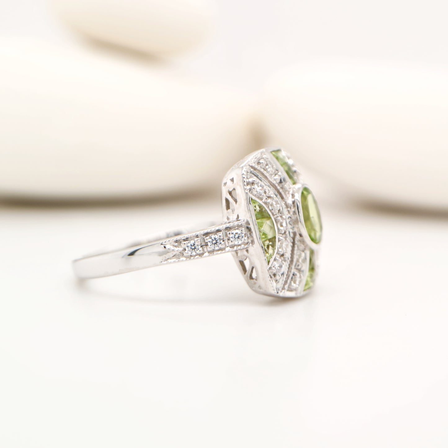 Art Deco style Peridot and CZ gem cluster in sterling silver