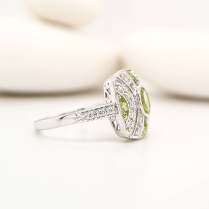 Art Deco style Peridot and CZ gem cluster in sterling silver