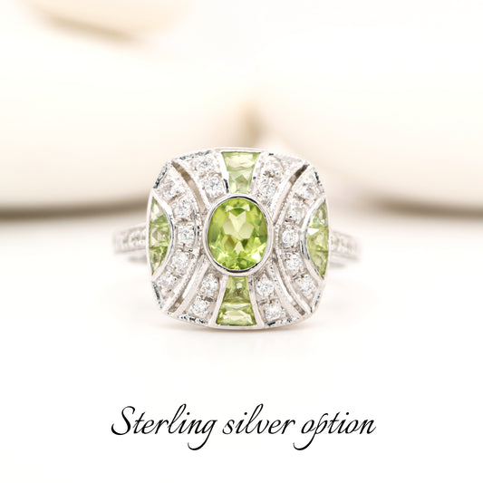 Art Deco style Peridot and CZ gem cluster in sterling silver