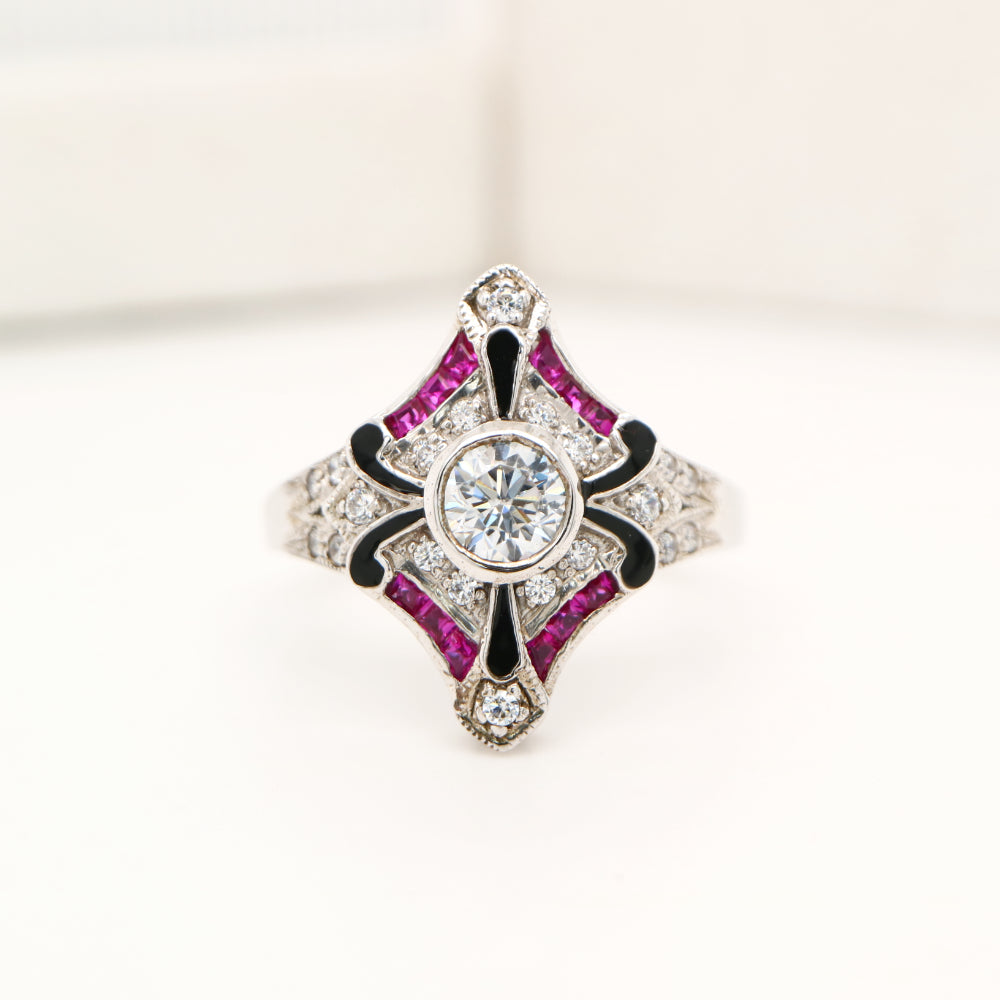Sterling silver cocktail ring with laboratory grown ruby, cz and black enamel
