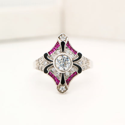 Sterling silver cocktail ring with laboratory grown ruby, cz and black enamel