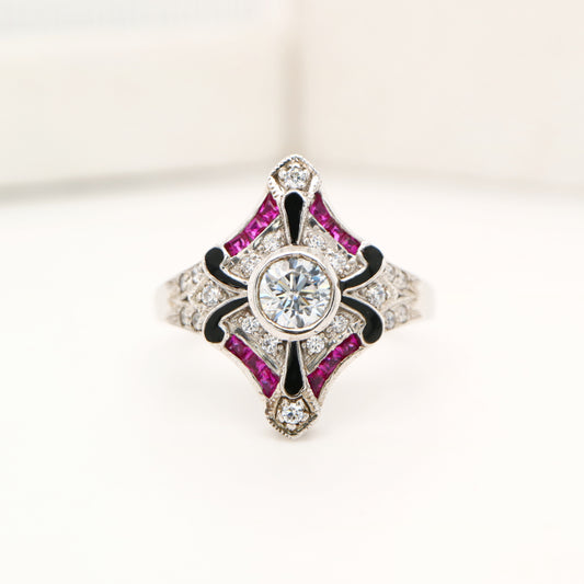 Sterling silver cocktail ring with laboratory grown ruby, cz and black enamel