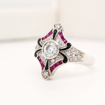 Sterling silver cocktail ring with laboratory grown ruby, cz and black enamel
