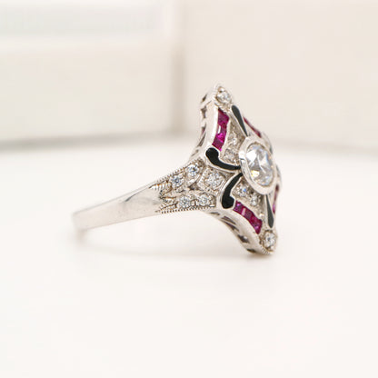 Sterling silver cocktail ring with laboratory grown ruby, cz and black enamel