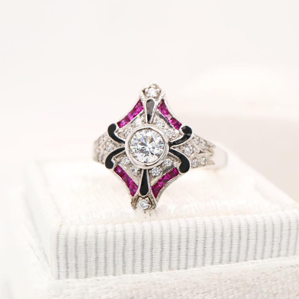 Sterling silver cocktail ring with laboratory grown ruby, cz and black enamel