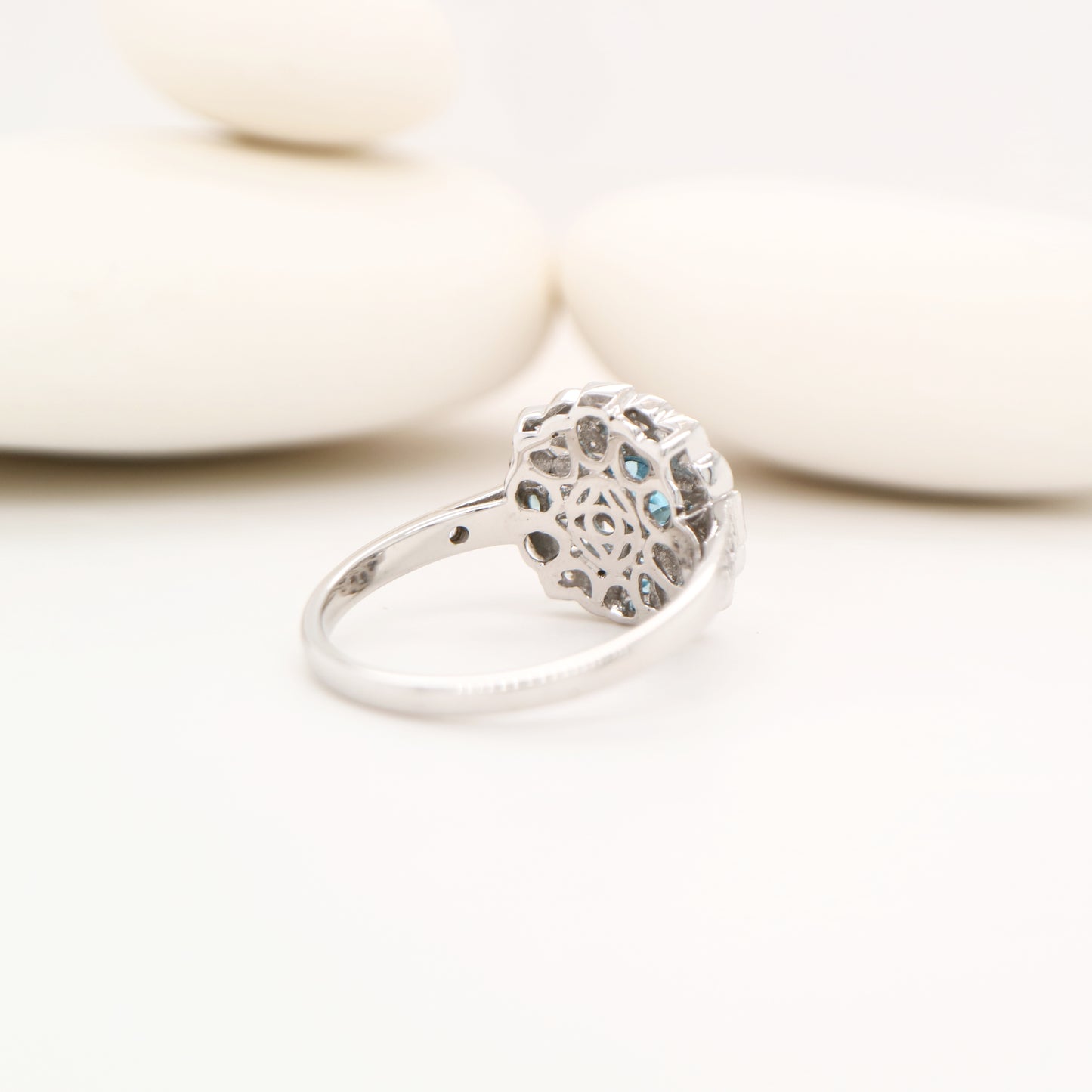 Filigree blue topaz and CZ ring in Sterling Silver