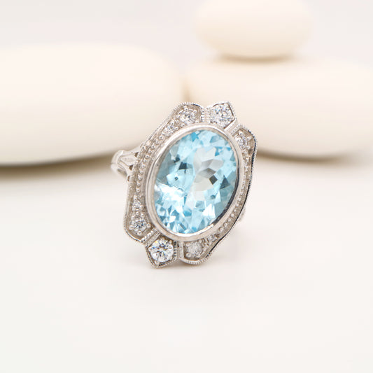 Blue topaz cocktail ring with cz in sterling silver