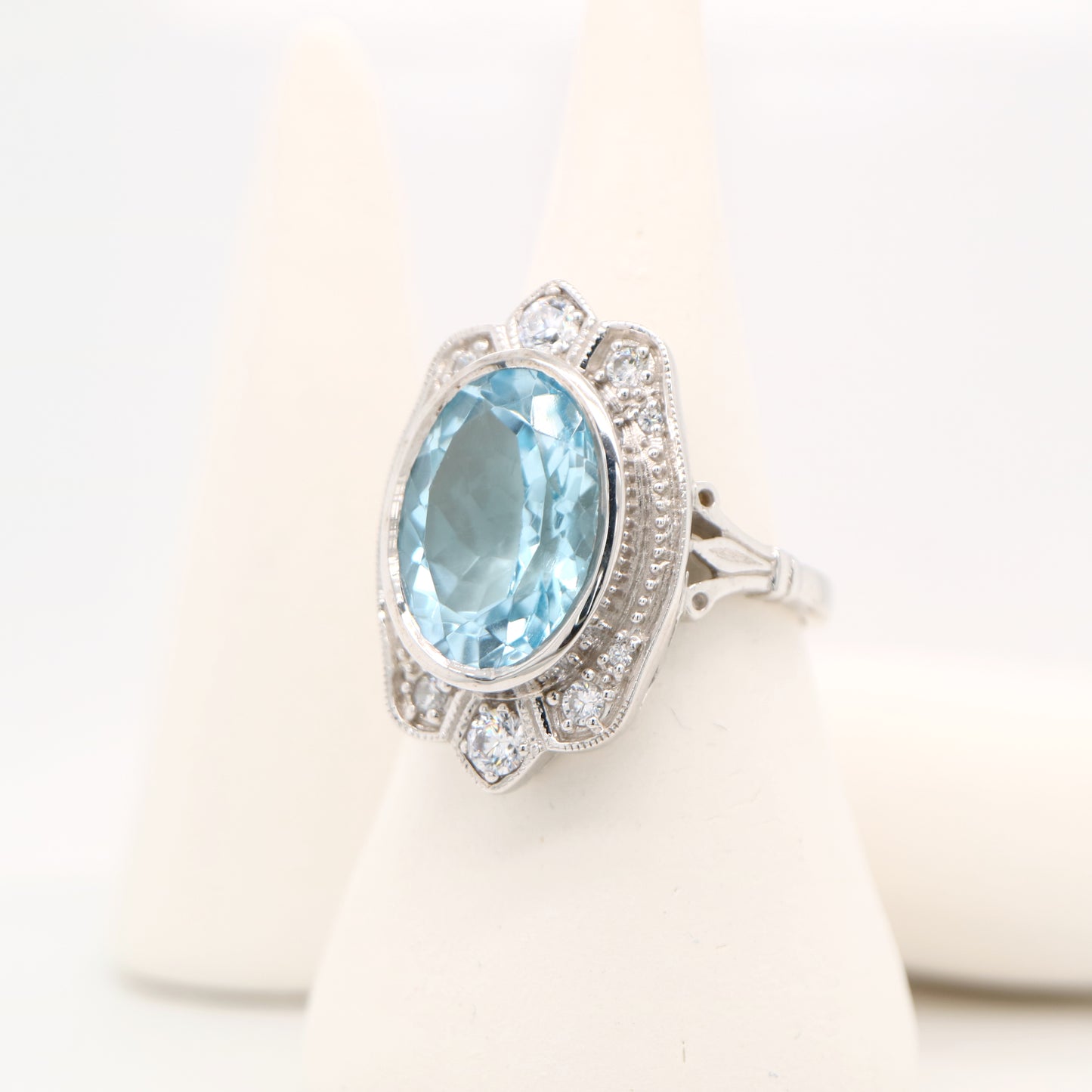 Blue topaz cocktail ring with cz in sterling silver