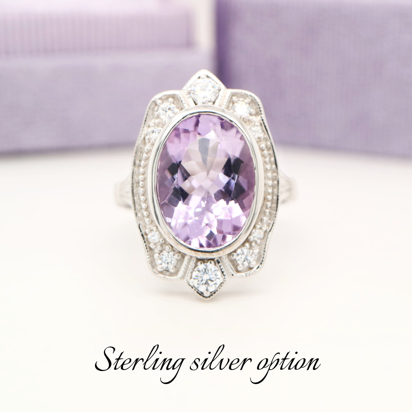Rose de france amethyst cocktail ring with cz in sterling silver