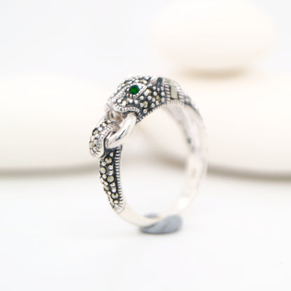 Panther ring in marcasite, Emerald and sterling silver
