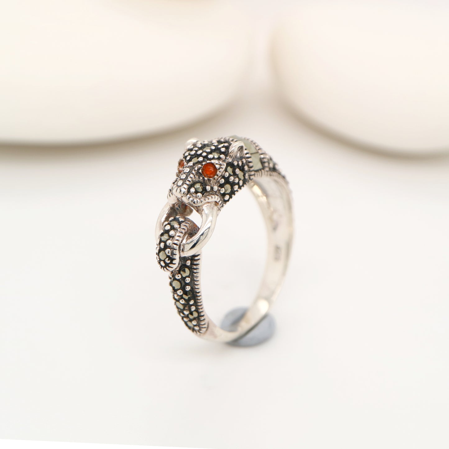 Panther ring in marcasite, carnelian and sterling silver