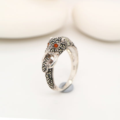 Panther ring in marcasite, carnelian and sterling silver