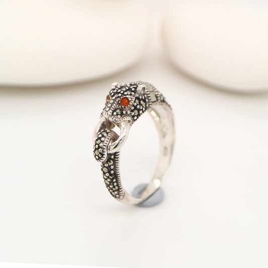 Panther ring in marcasite, carnelian and sterling silver