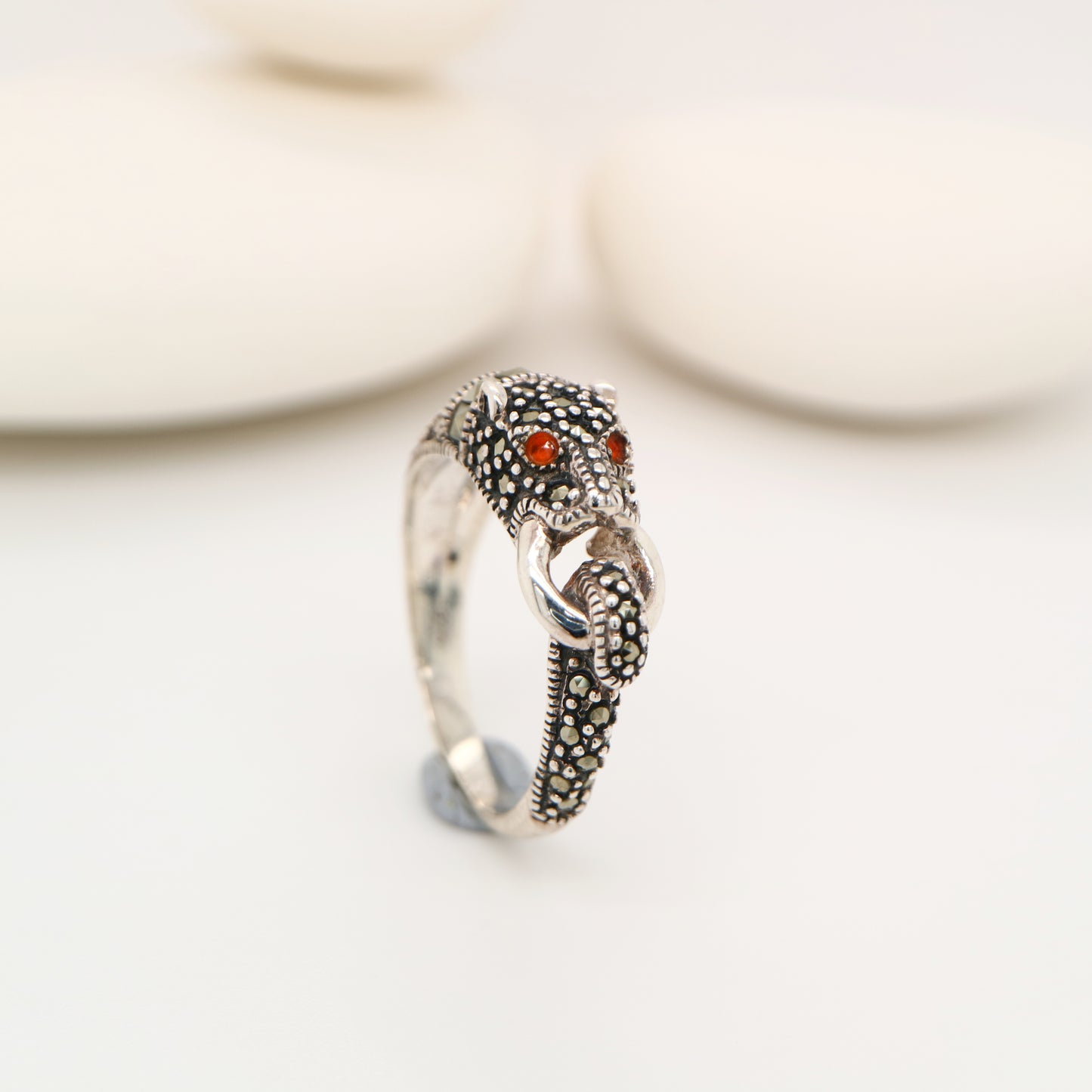 Panther ring in marcasite, carnelian and sterling silver